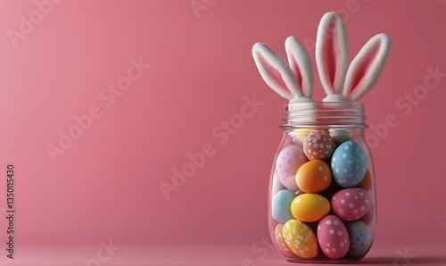 Colorful Easter Eggs With Bunny Ears in a Jar on a Pink Background for Festiv...