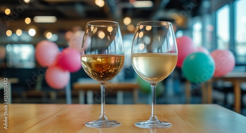 Celebration With White and Rose Wine Glasses on Wooden Table in a Festive Venue
