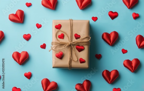Thoughtfully Wrapped Gift Box Surrounded by Red Hearts on a Blue Background f...