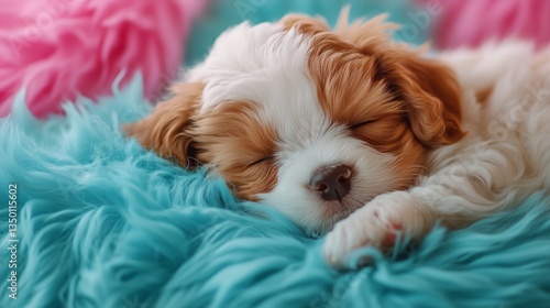 Cute Puppy Sleeping Peacefully on Colorful Fluffy Blanket in Cozy Indoor Setting