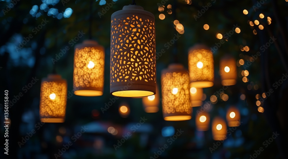 Hanging Lanterns Illuminate a Tranquil Garden Setting During the Evening