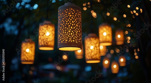 Obraz na płótnie Hanging Lanterns Illuminate a Tranquil Garden Setting During the Evening w salonie