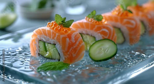 Fresh Salmon Sushi Rolls With Wasabi and Cucumber on Elegant Plate