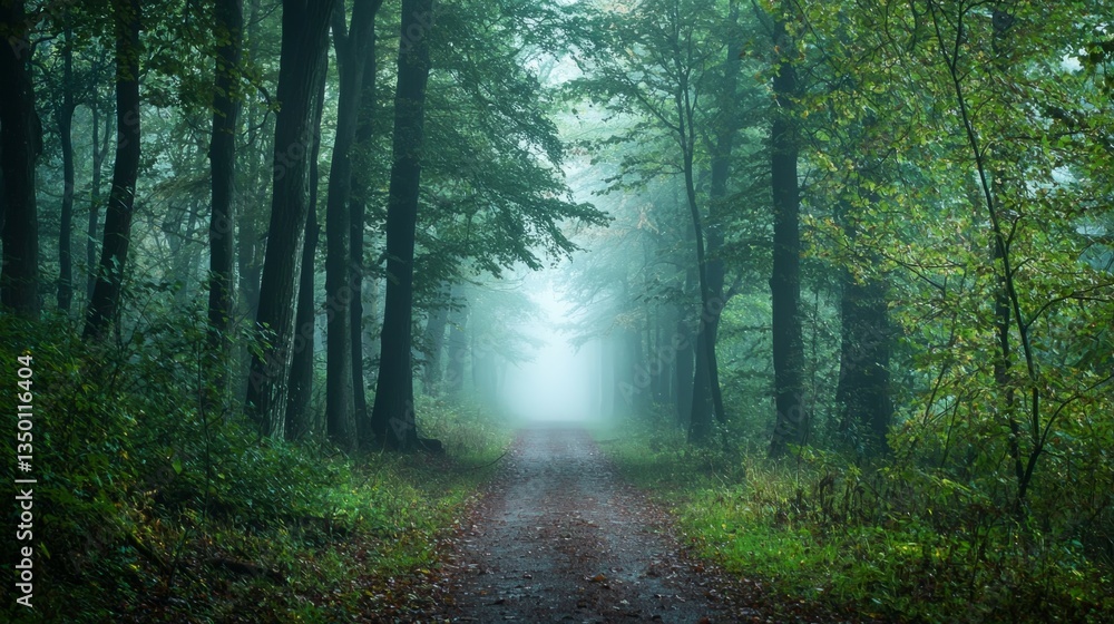 Fototapeta premium Tranquil Misty Forest Pathway Surrounded by Lush Green Trees
