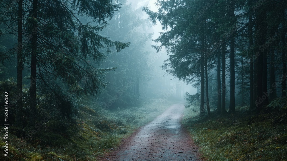 Obraz premium Tranquil Misty Forest Pathway Surrounded by Tall Evergreen Trees
