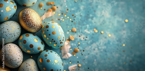 Colorful Decorative Eggs Arranged on a Blue Background With Golden Confetti f...