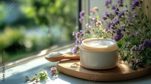 Fresh Herbal Cream With Flowers on a Wooden Tray by a Sunny Window in the Aft...