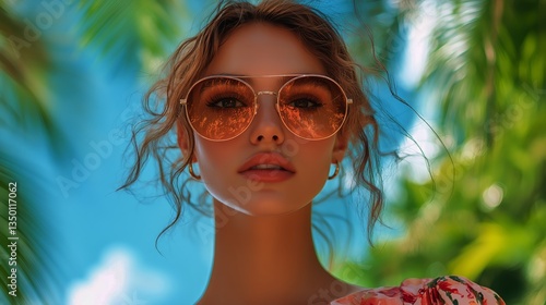 Summer Portrait of a Woman in Sunglasses Surrounded by Tropical Plants at Midday