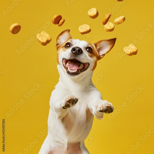 Happy dog catching treats mid-air against yellow background. (3)