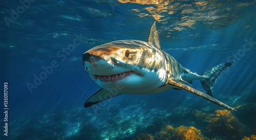 Encounter With a Majestic Great White Shark in Clear Ocean Waters During Midd...