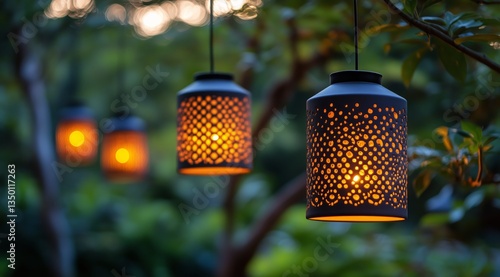 Hanging Lanterns Illuminate a Tranquil Garden Setting During the Evening