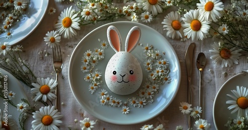 Delightful Easter Setup With Bunny-Shaped Egg Surrounded by Flowers on Elegan...