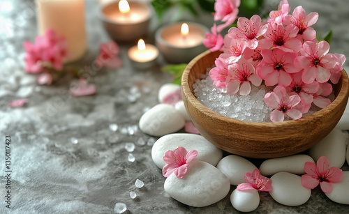 Decorative Bowl With Pink Flowers and Lit Candles on Marble Surface