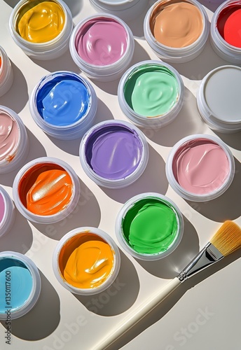 Colorful Paint Containers Arranged Neatly for Creative Projects in a Bright W...