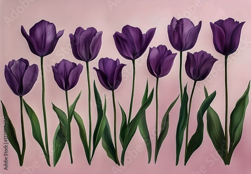 Purple Tulips Arranged Beautifully Against a Soft Pink Background in a Floral...