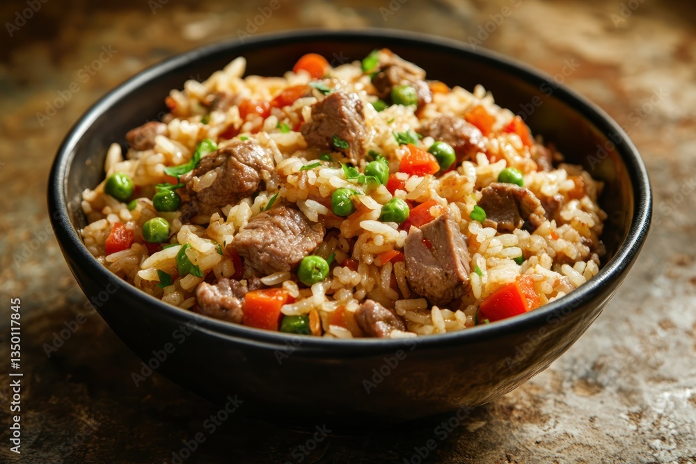 Delicious savory mixed rice bowl with beef, carrots, and peas on rustic surface Delicious savory mixed rice bowl with beef, carrots, and peas on rustic surface