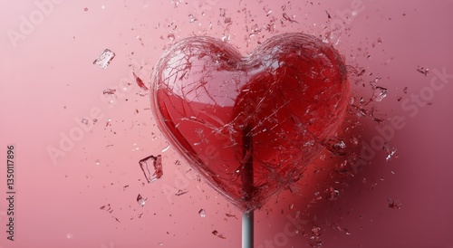 Heart Shaped Lollipop With Shattered Candy Pieces on a Pink Background