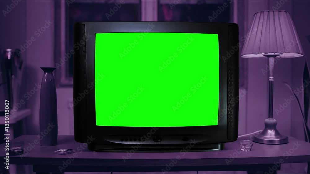 Green screen TV old retro for video masking, vintage retro green screen television for mockup displays TV, glitch effect when zooming green screen against a nostalgic backdrop with chroma key