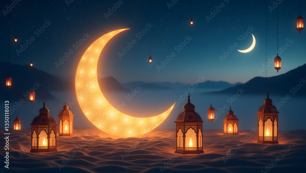 Glowing Crescent Moon and Lanterns in a Starry Sky Glowing Crescent Moon and Lanterns in a Starry Sky