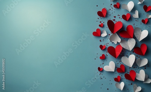 Colorful Paper Hearts in Red and White Hanging Against a Blue Background for ...