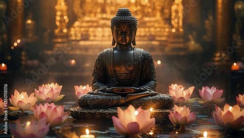 Calm and Serene Buddha Statue Surrounded by Lotus Flowers and Candles in a Tr...