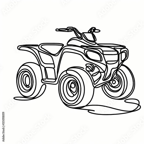 Continuous one-line drawing of an ATV, abstract flowing lines forming a compact and rugged silhouette that captures off-road energy, freedom of movement, and bold mechanical adventure