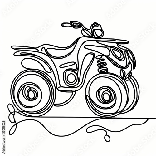 Continuous one-line drawing of an ATV, abstract flowing lines forming a compact and rugged silhouette that captures off-road energy, freedom of movement, and bold mechanical adventure