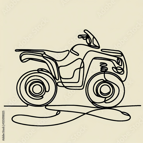 Continuous one-line drawing of an ATV, abstract flowing lines forming a compact and rugged silhouette that captures off-road energy, freedom of movement, and bold mechanical adventure