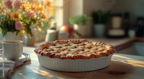 Homemade Apple Pie Cooling on a Wooden Table Beside Fresh Apples and Flowers ...