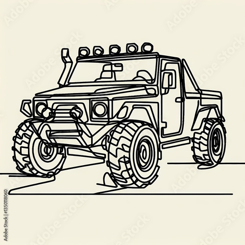 Continuous one-line drawing of an off-road vehicle, smooth flowing lines capturing the powerful and rugged design of a 4x4 vehicle conquering rough terrain and exploring the great outdoors