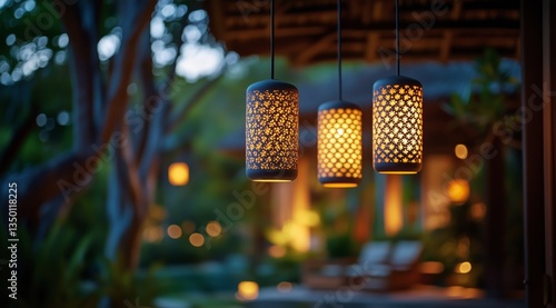 Hanging Lanterns Illuminate a Tranquil Garden Setting During the Evening
