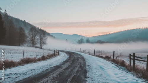 Wallpaper Mural Serene Curved Road Through Misty Winter Landscape at Sunrise Torontodigital.ca