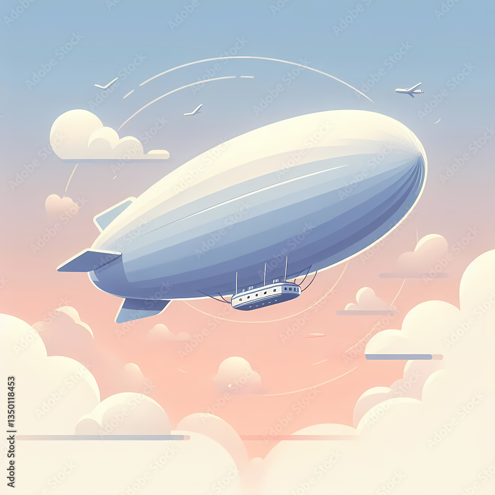 Fototapeta premium Flat vector illustration of a massive Zeppelin floating in the sky, clean minimal shapes with soft gradients conveying elegance, aerial travel, and the grandeur of historic air transportation