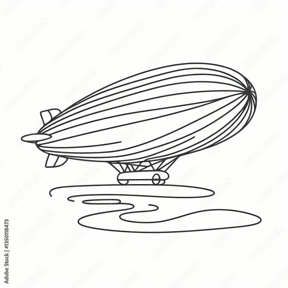 Continuous one-line drawing of a Zeppelin, flowing curves forming a sleek and historic aerial silhouette, symbolizing elegance, flight, and the early era of majestic air transportation