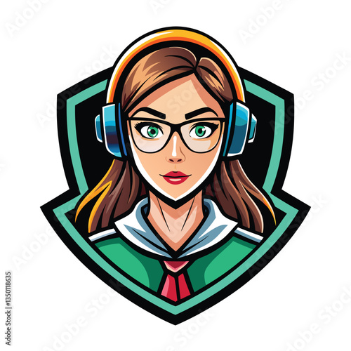 Cartoon female gamer avatar with headphones and glasses