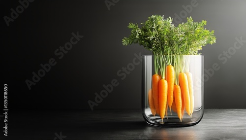 Fresh Carrots Arranged in a Clear Vase on a Dark Surface for a Modern Decoration