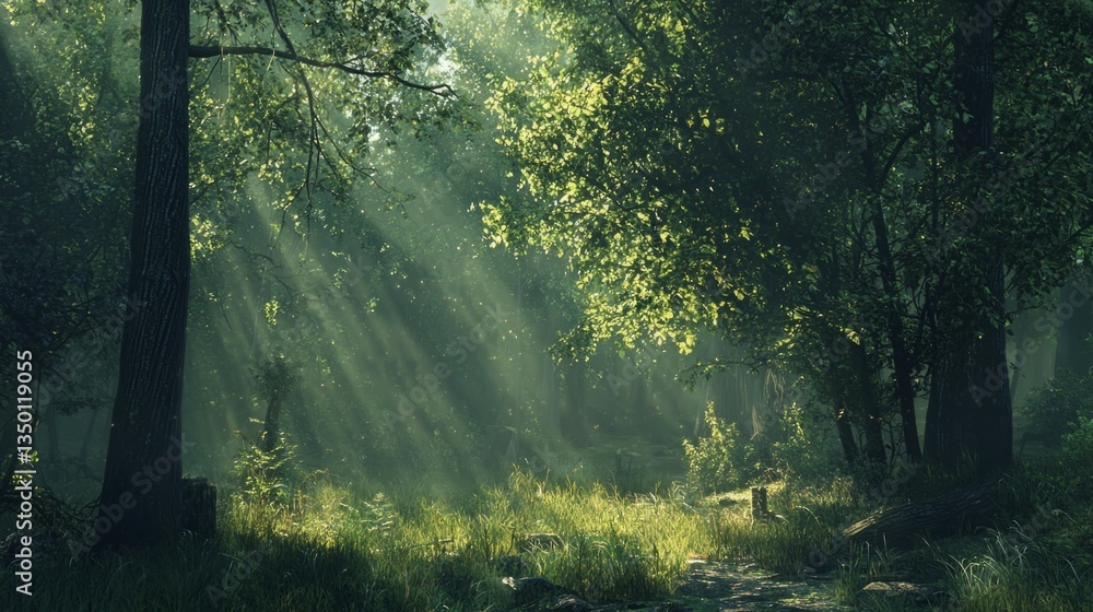 Obraz premium Sunlight Filtering Through Trees in Lush Green Forest Landscape