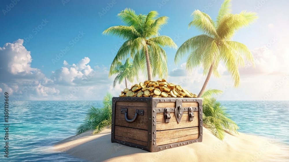 Obraz premium Tropical Treasure: A Chest Full of Gold Coins on a Secluded Island Paradise