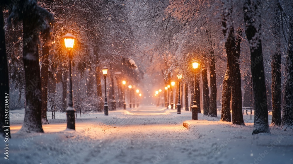 Serene Winter Path Through Lanterns in Snowy Forest at Dusk Serene Winter Path Through Lanterns in Snowy Forest at Dusk