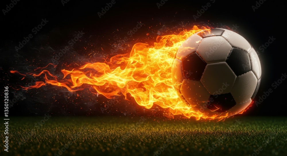 Naklejka premium A dramatic action shot of a soccer ball soaring with fiery energy.