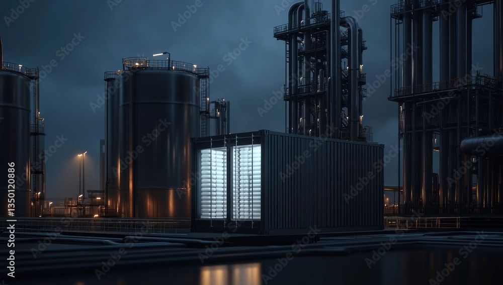 Obraz premium Illuminated container at twilight industrial complex.