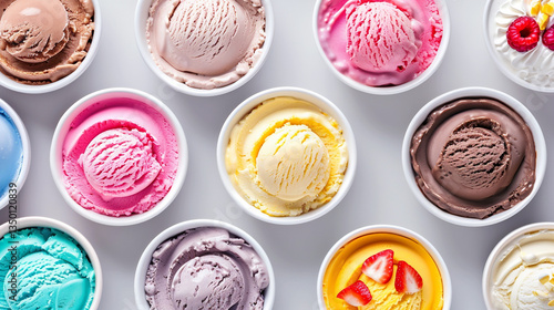 Colorful variety of ice cream flavors displayed in bowls ready for serving at a dessert shop