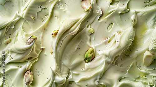 Delicate layers of creamy green dessert featuring whole pistachios captured in natural light