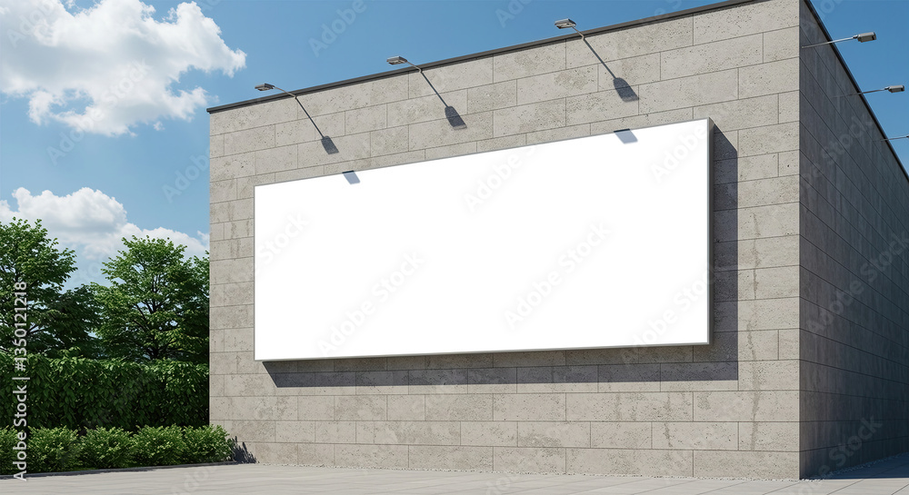 Fototapeta premium Mock up template. Big horizontal white blank signboard, advertising billboard on modern building wall outdoors