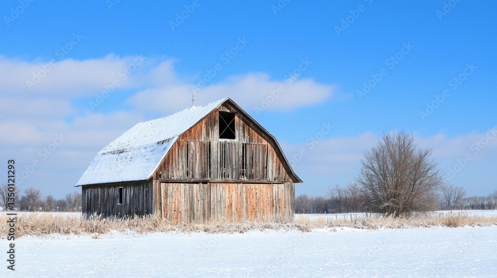 Rustic Barn in Snowy Landscape Under Clear Blue Sky Rustic Barn in Snowy Landscape Under Clear Blue Sky