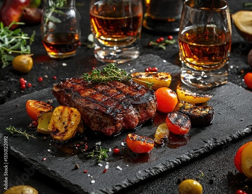 Grilled steak, whiskey, roasted vegetables, dark background, food photography