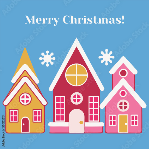 Original vector card of winter houses in a simple style Merry Christmas