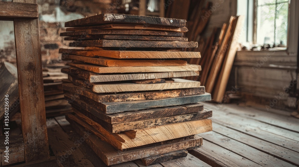 Pile of Rustic Wooden Planks in a Bright Workshop Environment Pile of Rustic Wooden Planks in a Bright Workshop Environment