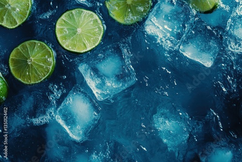 Limes and ice cubes on dark blue background.