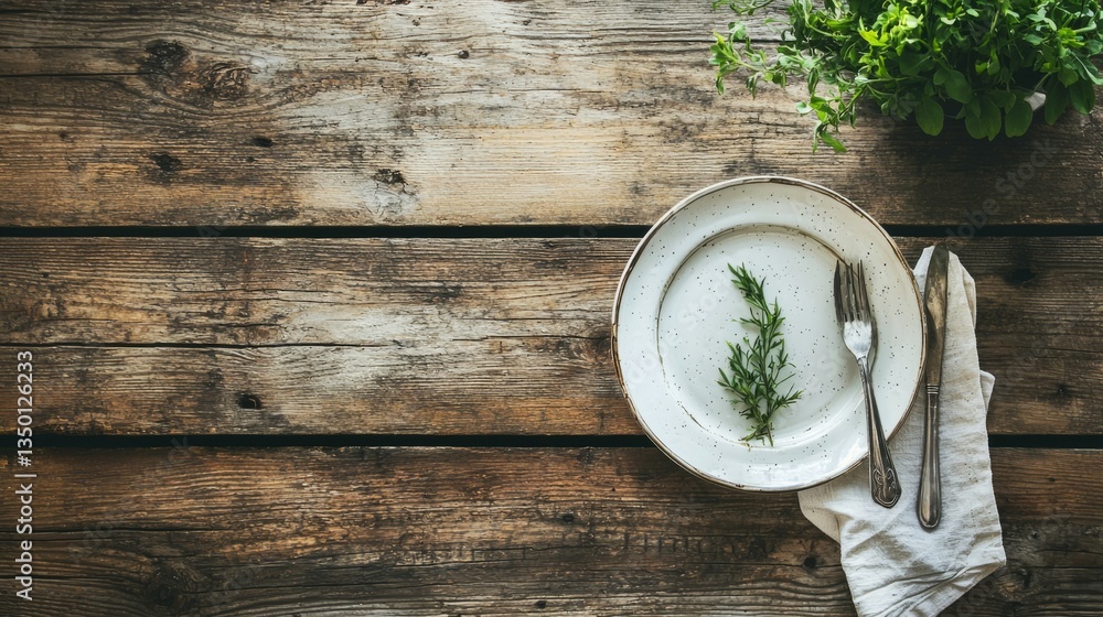 Rustic Table Setting with Empty Plate and Fresh Green Herb Sprig Rustic Table Setting with Empty Plate and Fresh Green Herb Sprig